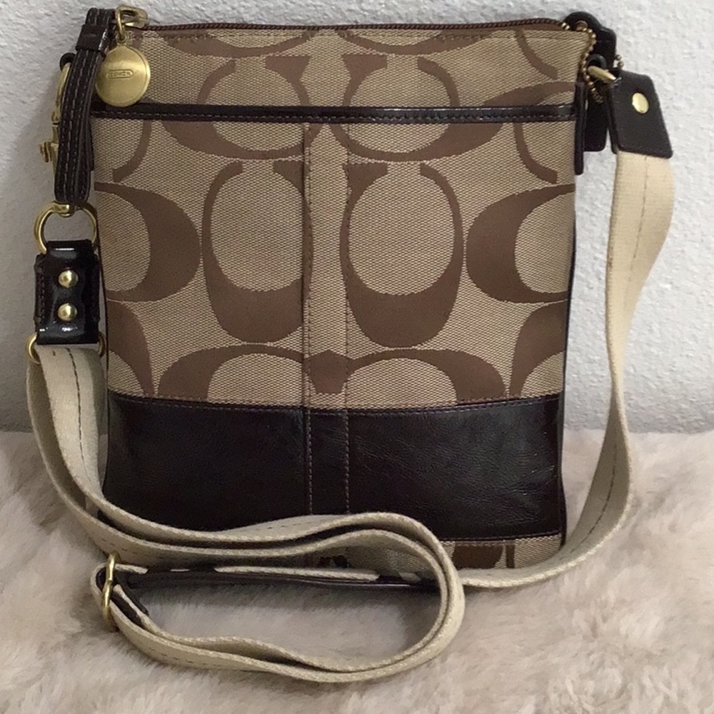 EUC COACH Jacquard Small  Crossbody Bag Patent Fabric Zipper Top # G0867-41644